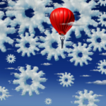 Business person floating through cloud gears