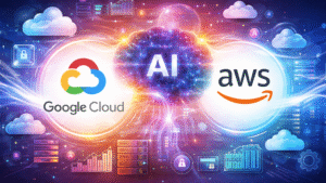 Google Cloud and AWS logos on either side of a glowing AI brain, set against a futuristic cloud and data-themed background.