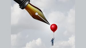 Contract danger and unfair terms and conditions or anonymous source reporting as a businessman holding a balloon with a sharp pen nib piercing the object