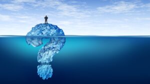 business concept of finding a strategy and elusive solution with 3D illustration of an iceberg shape like a question mark