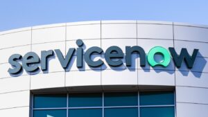 corporate building facade with the ServiceNow logo on it