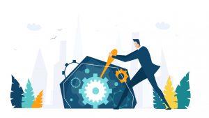 Illustration of business person pushing a lever
