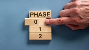 Wooden blocks form the words 'phase, 0, 1, 2,' on blue background. Finger pointing to phase 0