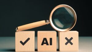AI concept with a magnifying glass and right, wrong, symbols in the wooden cubes, accuracy information from AI, advantages and disadvantages, right way to use AI