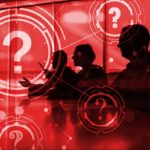 business people silhouetted on red background with question marks