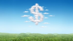 dollar sign made from clouds floating in a blue sky over a green field of grass