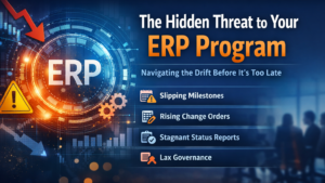Digital illustration of an ERP program in decline with a downward arrow, warning icons, and highlighted risks like slipping milestones, change orders, stagnant reporting, and weak governance