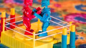 Kids,Brightly,Colored,Boxing,Robots,Game,On,Multicolored,Table,Top.