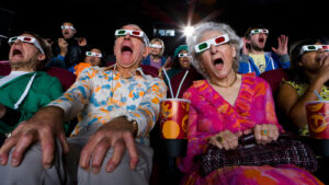 Low,Angle,View,Of,A,Movie,Audience,In,3d,Glasses