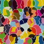 collection of outlined, transparent and colorful head profiles