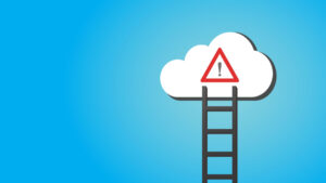 ladder leading to a cloud in a blue sky with a warning and risk sign